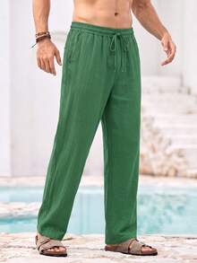 Mercer Haus Men's Vacation Style Linen Elastic Waist Drawstring Straight Leg Pants, Breathable Black Wide Leg Casual Long Pants For Summer/Spring/Autumn - Grass Green - View 1