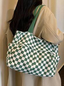 1pc Minimalist Large Capacity Multi-Pocket Plaid Tote Bag, Shoulder Bag, Crossbody Bag, Multi-Use Large Bag, Suitable For Travel, Shopping, Vacation, Can Hold Laptop, Textbooks, Clothes - Green - View 5
