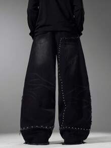 Street Style Black Spliced Men Jeans, Beaded Decor Wide Leg Pants, Comfortable Versatile All Season Trousers (No Belt & Accessories) - Black - View 7