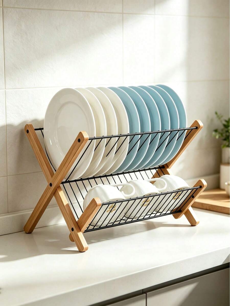 1pc Double-Layer Bamboo Dish Drying Rack‑Kitchen Countertop Storage Rack, Foldable Storage, Metal Mesh Basket And Bamboo‑Wood Bracket Design, Stable Structure, Space‑Saving, Fast Water Draining, Can Store Plates, Bowls, Cups And Tableware - Multiple Specifications - View 1