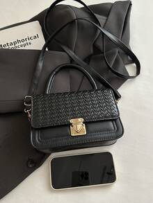Solid Color Woven Mini Fashion PU Brand Elegant Flap Handbag Crossbody Bag - Black - View 8