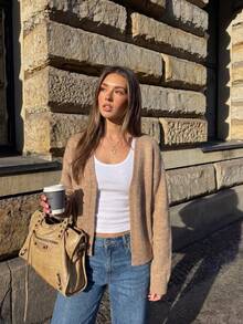 Camel Minimalist Lightweight Soft Plush Knit Cardigan, Long Sleeve Drop Shoulder Casual Sweater, Suitable For Autumn - Camel - View 6
