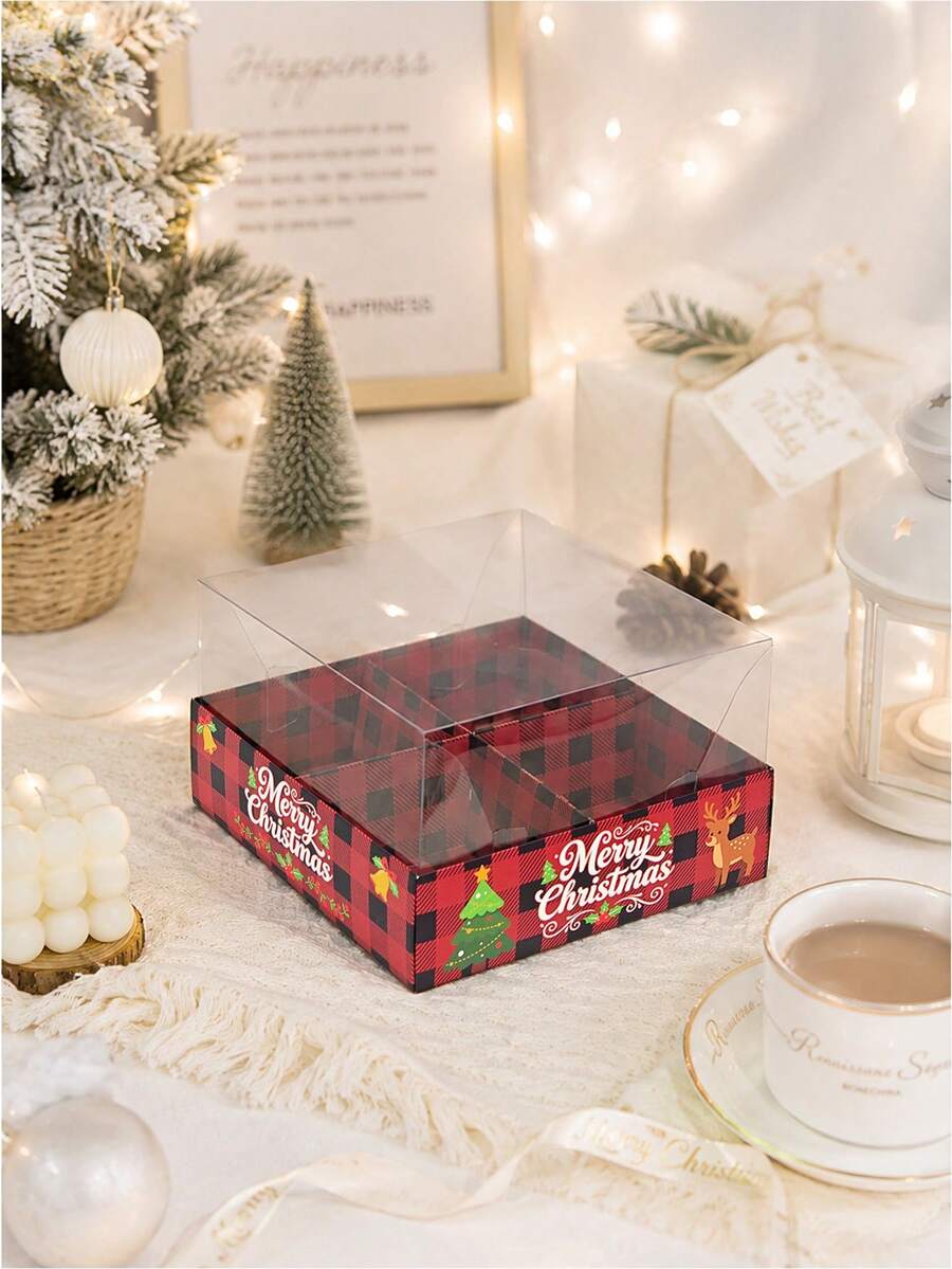2pcs/4pcs INS Style Christmas 4-Grid Box With Lid, Visible Compartment Cookie & Candy Storage Box, Christmas Eve Gift Paper Box - View 1