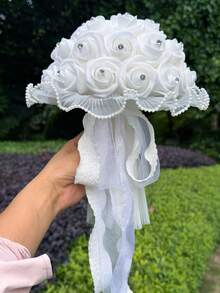1pc White Artificial Rose Bridal Bouquet, Rhinestone PE Flower Bouquet With Pearl Lace Trim And Long Satin Ribbon, Wedding Handheld Bouquet - White - View 2