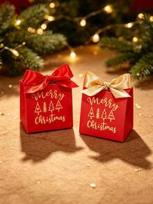 5Pcs Merry Christmas Mini Gift Bags With Satin Ribbon Bows, Metallic Tree And Festive Lettering Print, Red Green Or White Paper Packaging For Jewelry, Small Presents, Secret Santa Gifts, Stocking Stuffers And Holiday Party Favors - 7X5X7cm - View 3