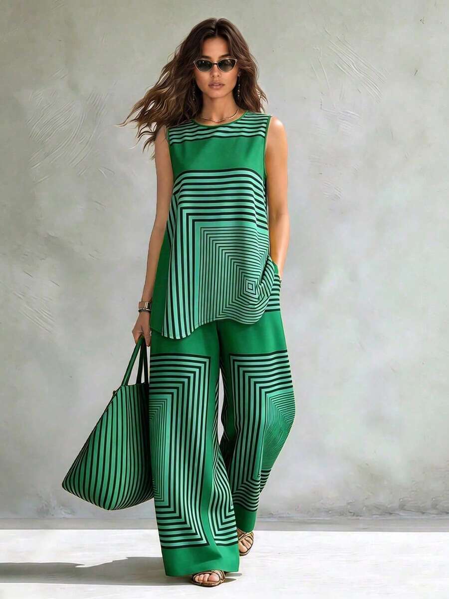 2026 New Green Striped 2-Piece Set, Sleeveless Wide Leg Pants Suit, Geometric Print Matching Set, High Waist Wide Leg Long Pants Suit Summer Elegant