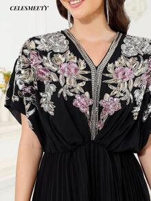 Luxury Royal Style Computer Sequin Beaded Embroidered Ball Gown, Elegant Black Striped Chiffon Batwing Sleeve Dress - Black - View 9
