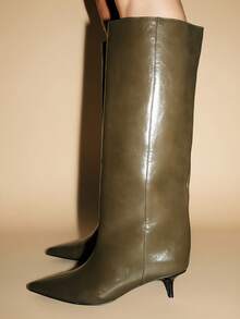 2026 New Pointed Toe Kitten Heel Wide Shaft High Tube Boots Vintage Over-The-Knee Long Boots Stiletto Heel Wide Barrel Riding Boots - Olive Green - View 3