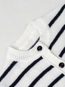 Tween Girls Black & White Striped Crew Neck Knitted Cardigan, Loose Fit French Casual Single-Breasted Sweater Jacket, Autumn/Winter - White - View 7