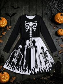 Tween Girls' Halloween Funny Skeleton Print Long Sleeve Dress - Black and White - View 1