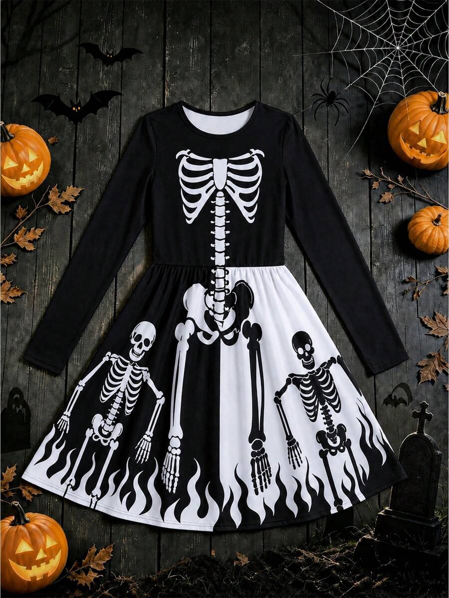 Tween Girls' Halloween Funny Skeleton Print Long Sleeve Dress - Black and White - View 1