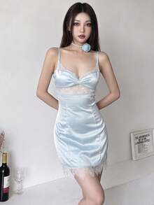 Top Dazzle Women's Glamorous Satin Texture Sleeveless Spaghetti Strap Short Dress, Lace Patchwork, Asymmetrical Hem - Blue - View 1
