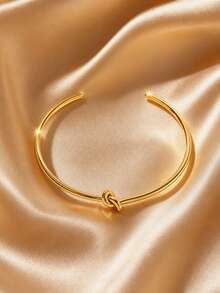 VceTd 1/2PCS Classic Minimalist Style Stainless Steel Women's Open Bangle/Ring Set With Knot Design, Suitable For Women's Daily Wear - Yellow Gold - View 5