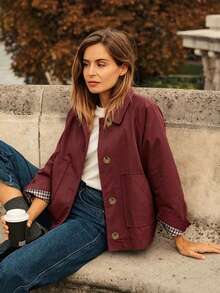 Women's Spring/Autumn New Arrival; Solid Color Lapel Collar Plaid Lining Single-Breasted Jacket, Khaki Lining; Suitable For Casual To Semi-Formal Occasions, Creating Layered Weekend Looks; Classic Design, Exquisite Details. - Burgundy - View 1