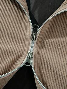 Men Corduroy Band Collar Jacket Double‑Way Metal Zipper Loose Drop‑Shoulder Casual Coat - Brown - View 7