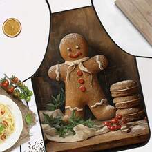 1pc Christmas Vintage Oil Painting Gingerbread Man Print Apron, White Ribbon Frosting Gingerbread Man With Cookie Berry Greenery Pattern, Durable Cooking Apron Suitable For Bakers, Cake Decorators, Baking Enthusiasts, Vintage Atmosphere Christmas Holiday Gift - Multicolor - View 3