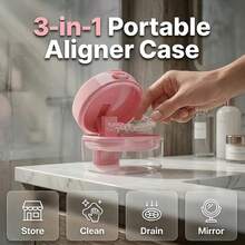 3-In-1 Portable Retainer Case With Built-In Mirror And Cleaning Brush, Double-Layer Soakable Denture Storage Box With Drain Basket, Orthodontic Storage Box Compatible With Clear Aligners, Wire Retainers, Dental Trays, Suitable For Travel And Bathroom - A - View 5