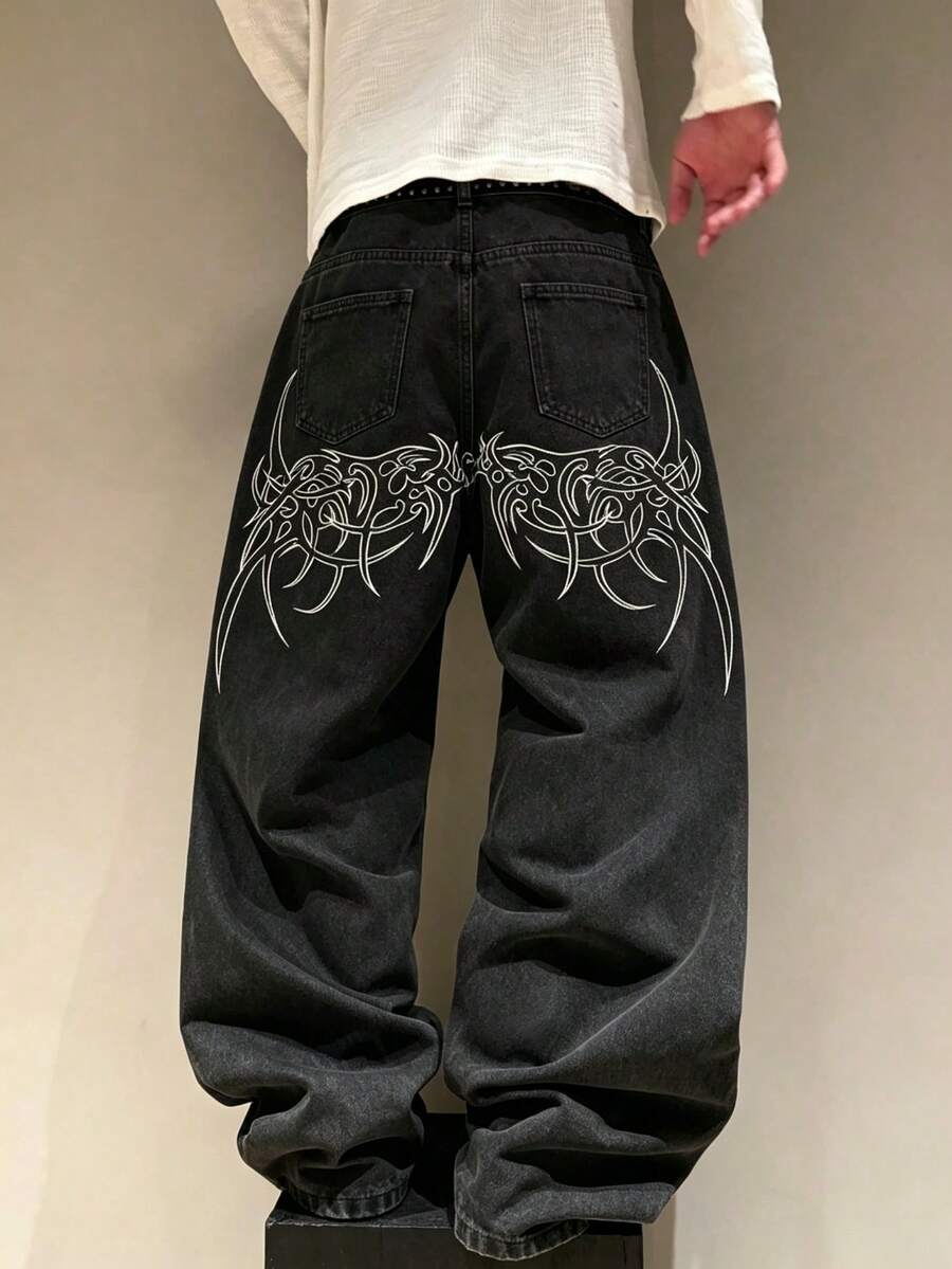 Men's Fashion Street Hip-Hop Vintage Embroidered Straight Leg Loose Wide Leg Denim Jeans Casual Long Pants - Black - View 1
