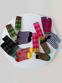1 Pair Vintage Colorful Contrast Stripe Knit Calf Socks, Fashionable Versatile Daily Calf Socks - Multicolor - View 2