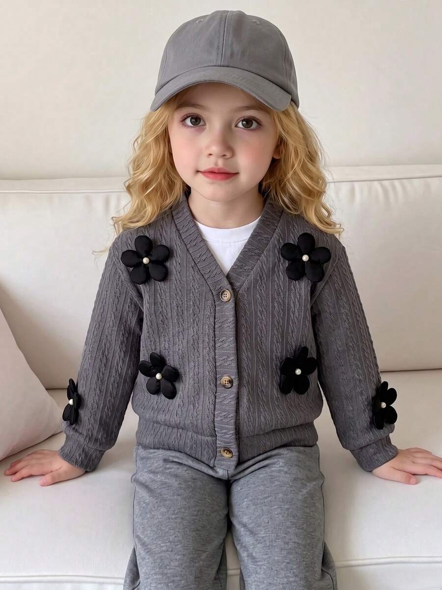 Girls' Simple Elegant V-Neck Cable Knit Button Cardigan With 3D Flower And Pearl Decor Long Sleeve Jacket, Spring Autumn Winter - Grey - View 1