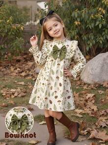 Young Girls Vintage Mushroom & Plant Print Dress, Ruffle Hem Big Bow Long Sleeve Loose Casual Cover-Up Dress - Mint Green - View 1