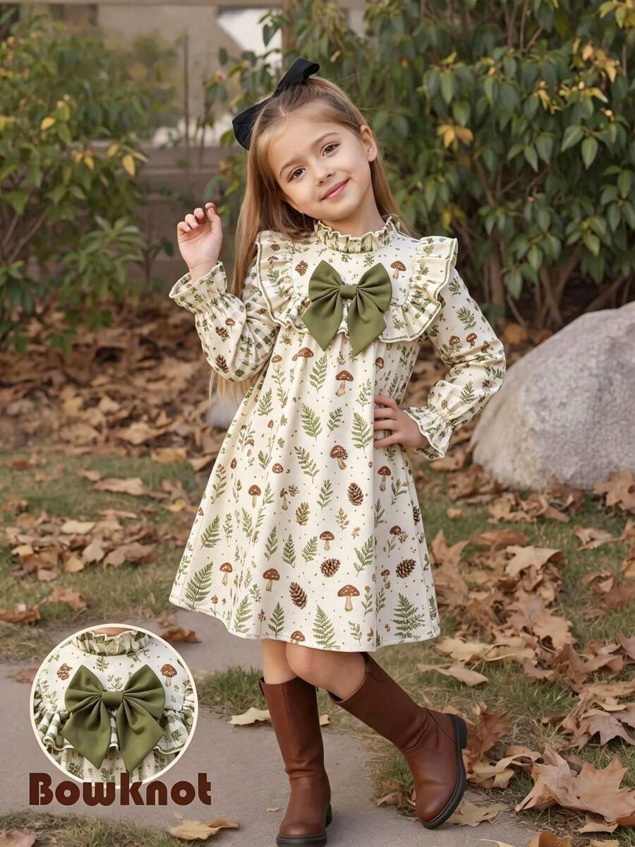 Young Girls Vintage Mushroom & Plant Print Dress, Ruffle Hem Big Bow Long Sleeve Loose Casual Cover-Up Dress - Mint Green - View 1