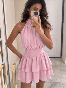 Elegant Fashion Pink Halter Neck Backless Layered Ruffle Mini Dress Wedding Party Fall - Pink - View 5