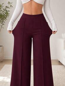 Plus Size Burgundy Multi-Purpose Commute Minimalist Solid Color Wide Leg Pants, Daily Wear - Burgundy - View 4