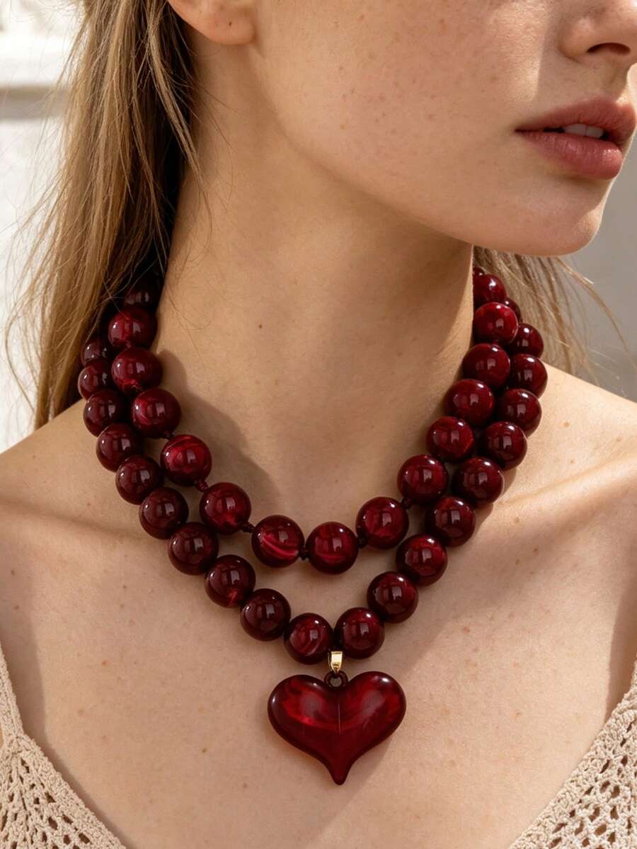 OABE 2pcs/Set Bohemian Style Round Bead Layered Necklace Set With Heart Pendant, Suitable For Women's Daily Wear, Holiday/Birthday Surprise Gift - Burgundy - View 1