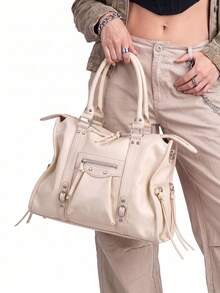 Large Capacity Beige Patchwork PU Shoulder Tote Bag With Zipper Detail, Rivets, Tassels, Drawstring Closure And Body Wrap Buckle, Suitable For Daily Commute And Office - Beige - View 4