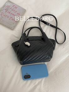 1pc Black Woven Texture Hanging Decor Zipper Large Capacity Handbag Crossbody Bag Minimalist Commuter Style Women's Bag Suitable For Daily Outings Autumn/Winter - Black - View 9