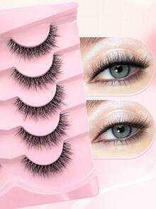 ENCHUW 5 Pairs Lashes 3D Clear Band Lashes Natural Look Wispy Eyelashes Fluffy Curl Cat Eye Fake Eyelashes - Black - View 3