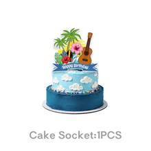 Vibrant Paper Hawaiian Tropical Cake Topper Set, Summer Beach Floral Palm Tree Ukulele Print Multi‑Color Irregular Picks For Luau Kids Birthday Party Cake Decor Supplies - View 5