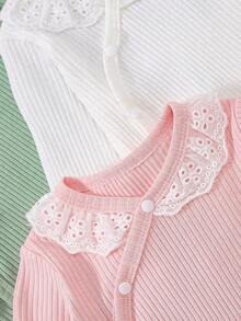 3pcs Spring/Autumn Baby Girl Ribbed Long Sleeve Bodysuit With Lace Trim, Side Snap Closure, Belly Cover, Bodysuit Crawl Suit - Multicolor - View 4