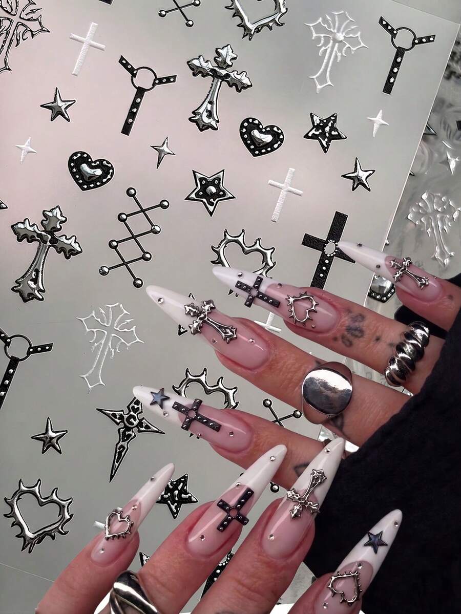 1pc 5D Embossed Black Straps Nail Art Stickers Silver Rivets Crosses Thorns Hearts Dark Nail Decals Circular Strap Star Gothic Manicure Decoration
