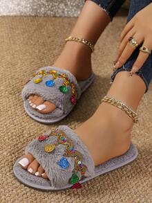 Vintage Embroidered Trim Plush Slippers, Fashionable Grey Women Slides With Colorful Sequin Charms - Grey - View 4
