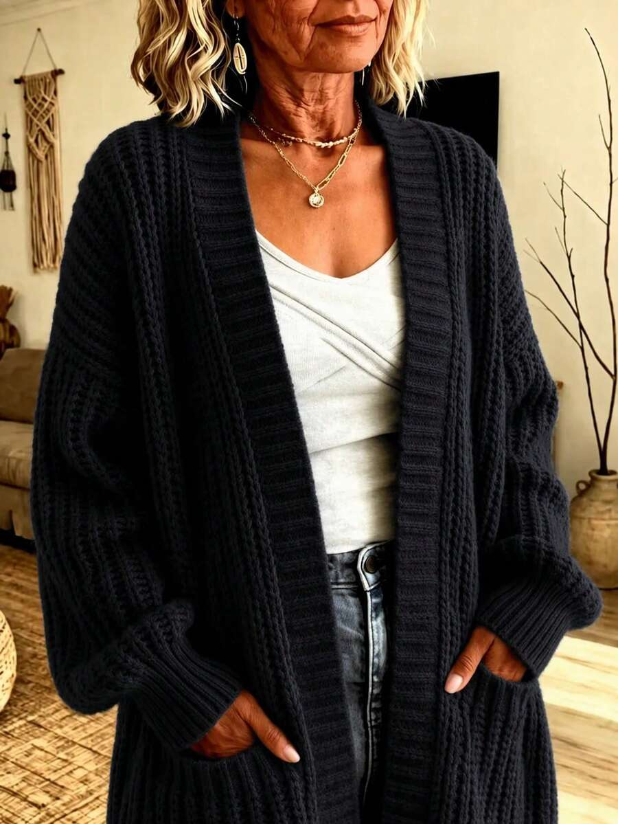 NZZOF Solid Color Knit Long Cardigan, Long Sleeve Dropped Shoulder With Pockets, Loose Fit Autumn/Winter Sweater Jacket - Black - View 1