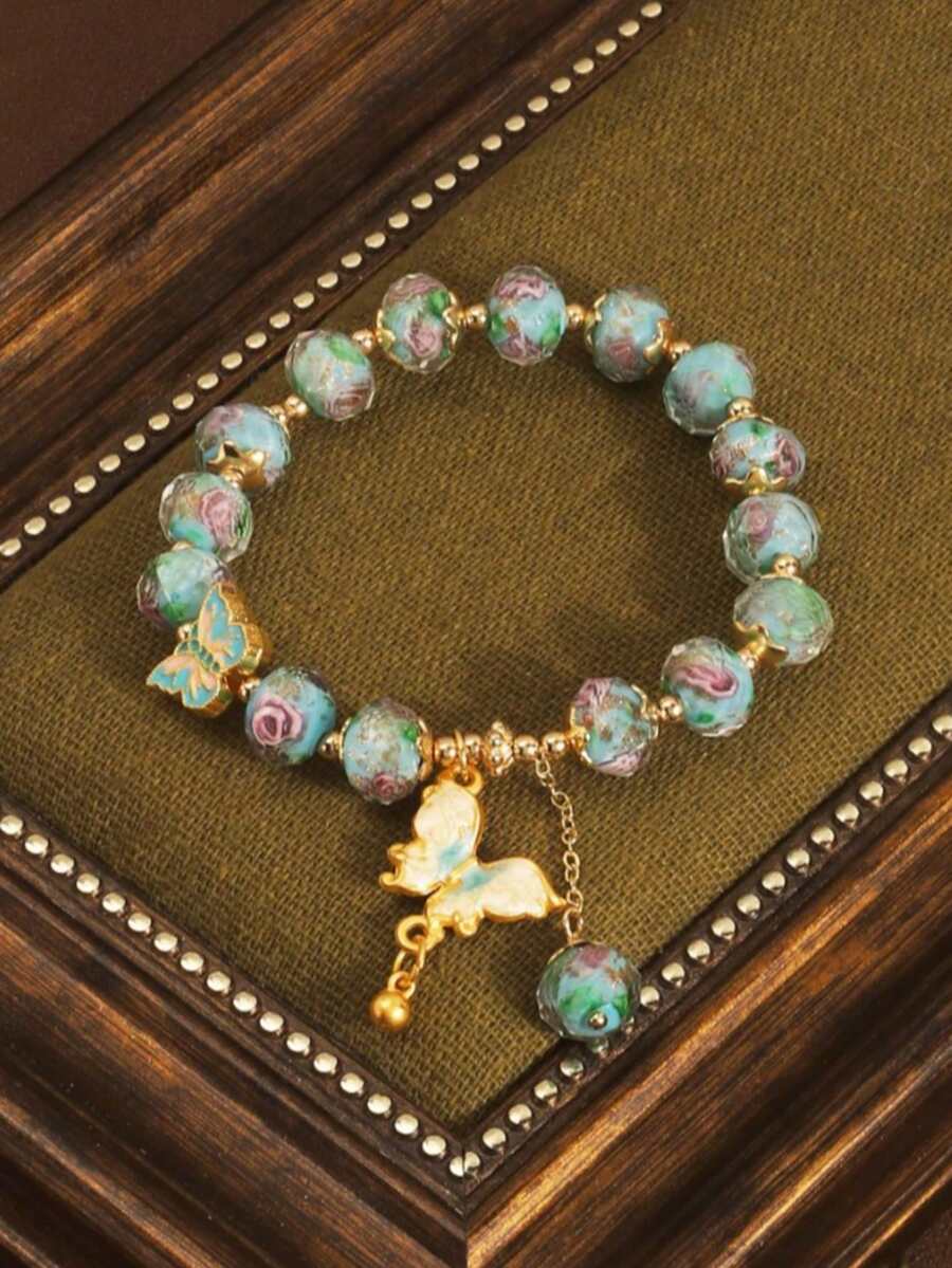 1pc Princess Style Rose Garden Blue Bracelet With Butterfly Pendant, Niche Luxury High-End Hand Accessory - Multicolor - View 1