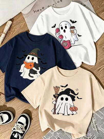 3 piezas, playera de mujer estampada cuello redondo, estilo casual. Gran regalo para familiares y amigos. Perfecta para Halloween, Acción de Gracias, Día de la Independencia y Día de Muertos
