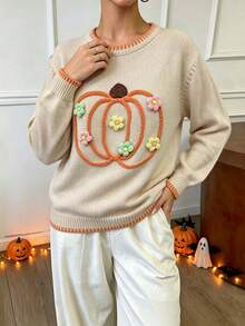 Sweater Rajut Leher Bulat Motif Bunga Kasual Blok Warna Ukuran Plus - Aprikot - View 6