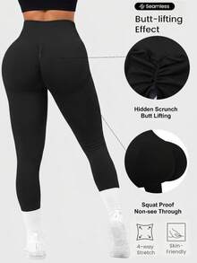 Women's Seamless Knit High-Waist Leggings, Tummy Control & Butt-Flattering Design, Soft & High-Elastic Fabric, Suitable For Gym, Running, Sports, Black Tight-Fitting Long Pants - Black - View 2