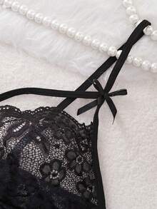 Plus Size Lace Camisole Nightgown, V-Neck Sleepwear, Mesh Nightdress With Side Slit - Black - View 8