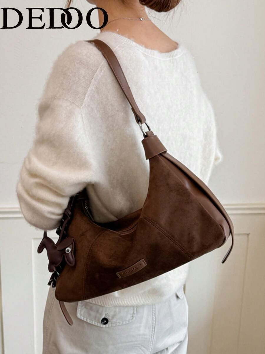 Dedoo Women's Bohemian Style Shoulder Bag, Solid Color, Suede & PU Patchwork, Zipper Closure, Large Capacity, Vintage Style, Daily Commute Autumn/Winter Handbag