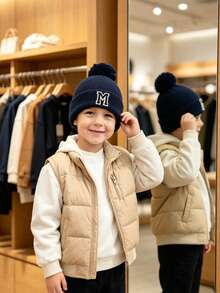 1pc Pom Pom Knit Hat, Suitable For Baby Boys, Baby Girls, Children, Simple Style Winter Warm Hat, Suitable For Outdoor Activities And Daily Commute. - Navy Blue - View 5