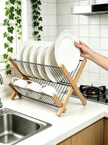 1pc Double-Layer Bamboo Dish Drying Rack‑Kitchen Countertop Storage Rack, Foldable Storage, Metal Mesh Basket And Bamboo‑Wood Bracket Design, Stable Structure, Space‑Saving, Fast Water Draining, Can Store Plates, Bowls, Cups And Tableware - Multiple Specifications - View 3