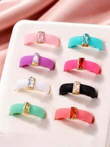 7-1pc/Set Fashionable Luxurious Personalized Minimalist High-End Elegant Unique Exquisite Square Colorful Zirconia Silicone Rings For Women Daily Wear Holiday Party Jewelry - Multicolor - View 3