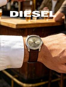 DIESEL Vintage Men's Watch Gold Dial Gold Logo Brown Leather Strap Minimalist Personalized Large Number Casual Wristwatch - Gold - View 5