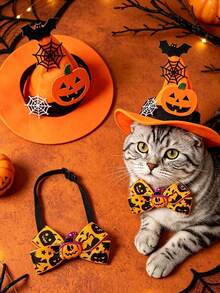 Halloween Pet Wizard Hat Set, Adjustable, Cat Costume Hat, Dog Headwear, Halloween Festival Headgear, Pumpkin Witch Hat And Halloween Bow Bat Spider Web Decorative Accessories, Halloween Costume, Suitable For Kittens, Puppies And Other Pets, Halloween Party, Home Daily Wear, Holiday Photo Shoot, Pet Store Visit, Window Display, Pet Gathering, Perfect Holiday Gift, Birthday Gift For Kittens And Puppies - Multicolor - View 7