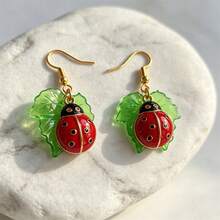 BMOR Cute Spring Summer Insect Dangle Earrings, Enamel Ladybug Bee Green Leaf Drop Hook Earrings, Daily Party Holiday Gift Jewelry For Women Girls - Gold - View 3