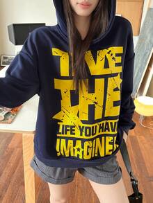 Navy Blue Letter Print Loose Fit American Vintage Style Pullover Hooded Sweatshirt For Women, Casual Lazy Look, Spring And Autumn - Navy Blue - View 10